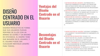 DISEÑO
CENTRADO EN EL
USUARIO
DISEÑAR PRODUCTOS DE FORMA
QUE SUS USUARIOS PUEDAN
SERVIRSE DE ELLOS CON UN
MÍNIMO DE ESTRÉS Y UN MÁXIMO
DE EFICIENCIA. EL DISEÑO TIENE
QUE BASARSE EN EL USUARIO, Y
EL USUARIO PUEDE SER
CUALQUIER INDIVIDUO (DISEÑO
PARA TODOS).
SATISFACCIÓN DEL USUARIO: LOS PRODUCTOS Y
SERVICIOS DISEÑADOS UTILIZANDO UCD SUELEN SER
MÁS SATISFACTORIOS PARA LOS USUARIOS, YA QUE
ESTÁN DISEÑADOS PARA SATISFACER SUS NECESIDADES
Y EXPECTATIVAS.
MAYOR EFICIENCIA: LOS USUARIOS PUEDEN UTILIZAR EL
PRODUCTO O SERVICIO DE MANERA MÁS EFICIENTE, YA
QUE SE HA DISEÑADO TENIENDO EN CUENTA SUS
COMPORTAMIENTOS Y NECESIDADES.
REDUCCIÓN DE COSTOS A LARGO PLAZO: AUNQUE EL
UCD PUEDE SER COSTOSO AL PRINCIPIO, PUEDE REDUCIR
COSTOS A LARGO PLAZO AL REDUCIR LA NECESIDAD DE
REDISEÑOS EXTENSOS O CORRECCIONES DESPUÉS DEL
LANZAMIENTO.
1.
2.
3.
4.
Ventajas del
Diseño
Centrado en el
Usuario
Desventajas
del Diseño
Centrado en el
Usuario
INVESTIGACIÓN DEL USUARIO: ESTUDIAR Y ENTENDER A
LOS USUARIOS Y SUS NECESIDADES ES FUNDAMENTAL EN
EL DISEÑO.
DEFINICIÓN DE REQUISITOS: EN BASE A LA
INVESTIGACIÓN DEL USUARIO, SE DEBEN DEFINIR LOS
REQUISITOS DEL PRODUCTO O SERVICIO QUE
SATISFAGAN LAS NECESIDADES DEL USUARIO.
DISEÑO Y DESARROLLO: LA CREACIÓN DE SOLUCIONES
SE REALIZA BASÁNDOSE EN LOS REQUISITOS DEFINIDOS
Y LA INVESTIGACIÓN DEL USUARIO.
PRUEBAS DE USABILIDAD: EL PRODUCTO O SERVICIO SE
PRUEBA CON USUARIOS REALES PARA OBTENER
FEEDBACK Y HACER LAS ITERACIONES NECESARIAS.
1.
2.
3.
4.
 
