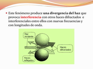  Este fenómeno produce una divergencia del haz que
provoca interferencia con otros haces difractados e
interferenciales entre ellos con nuevas frecuencias y
con longitudes de onda.
 