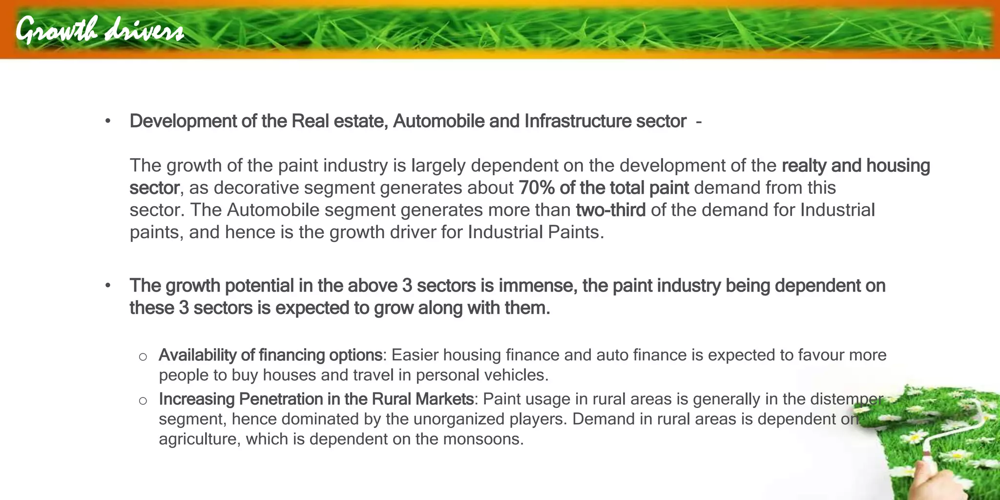 Growth drivers
• Development of the Real estate, Automobile and Infrastructure sector -
The growth of the paint industry is largely dependent on the development of the realty and housing
sector, as decorative segment generates about 70% of the total paint demand from this
sector. The Automobile segment generates more than two-third of the demand for Industrial
paints, and hence is the growth driver for Industrial Paints.
• The growth potential in the above 3 sectors is immense, the paint industry being dependent on
these 3 sectors is expected to grow along with them.
o Availability of financing options: Easier housing finance and auto finance is expected to favour more
people to buy houses and travel in personal vehicles.
o Increasing Penetration in the Rural Markets: Paint usage in rural areas is generally in the distemper
segment, hence dominated by the unorganized players. Demand in rural areas is dependent on
agriculture, which is dependent on the monsoons.
 