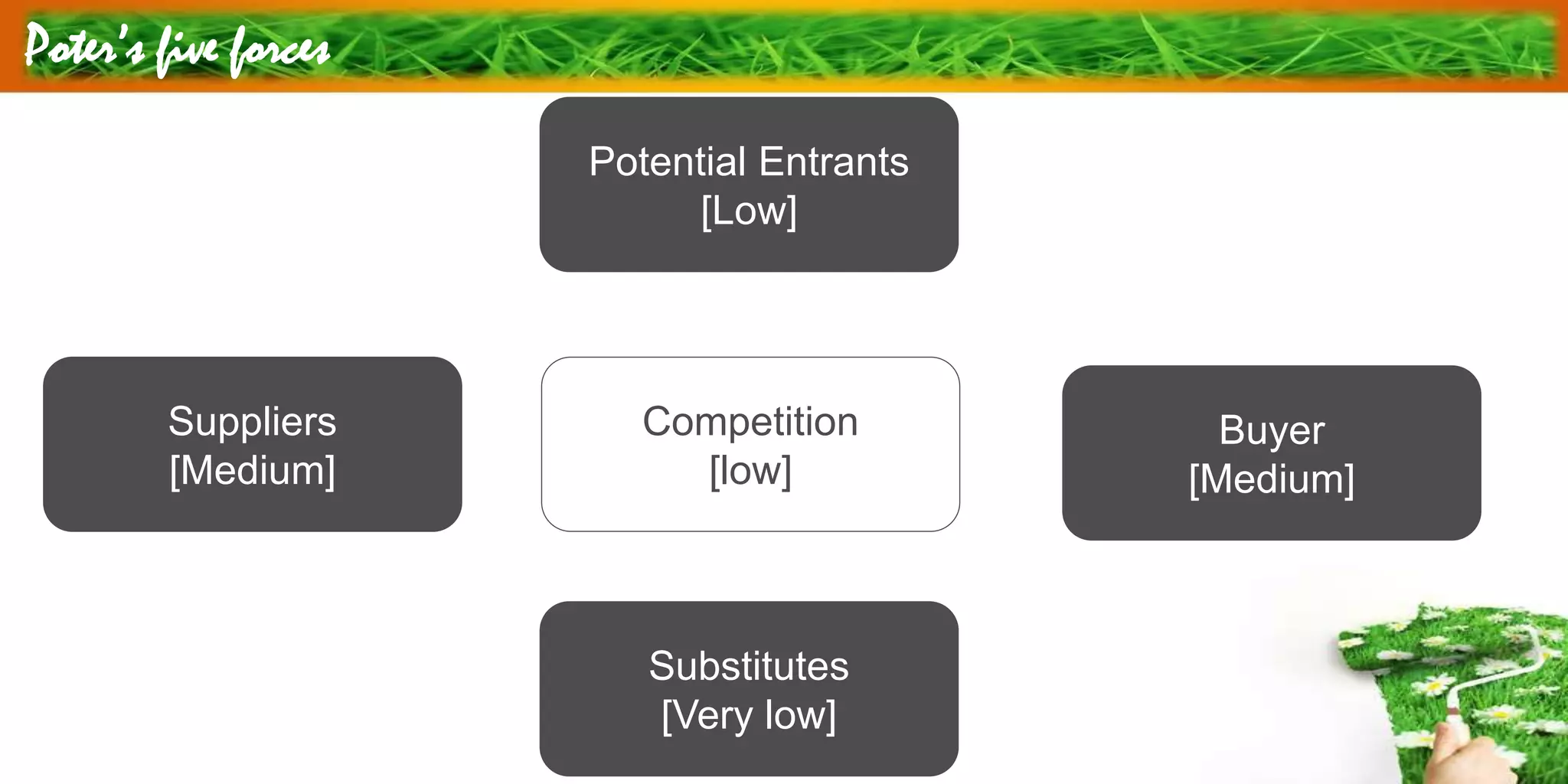 Poter’s five forces
Competition
[low]
Potential Entrants
[Low]
Substitutes
[Very low]
Buyer
[Medium]
Suppliers
[Medium]
 