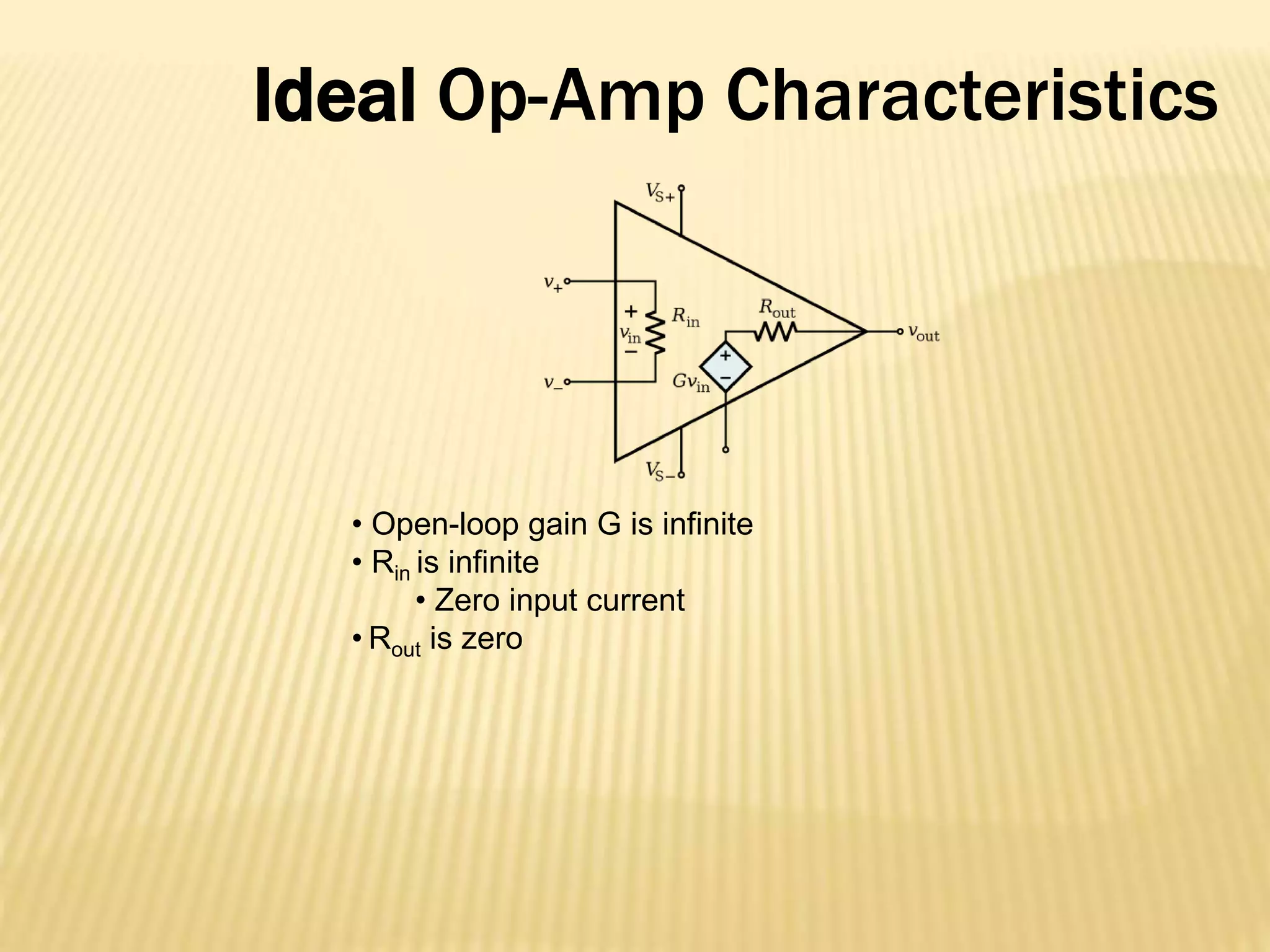 Ideal Op-Amp Characteristics
• Open-loop gain G is infinite
• Rin is infinite
• Zero input current
• Rout is zero
 
