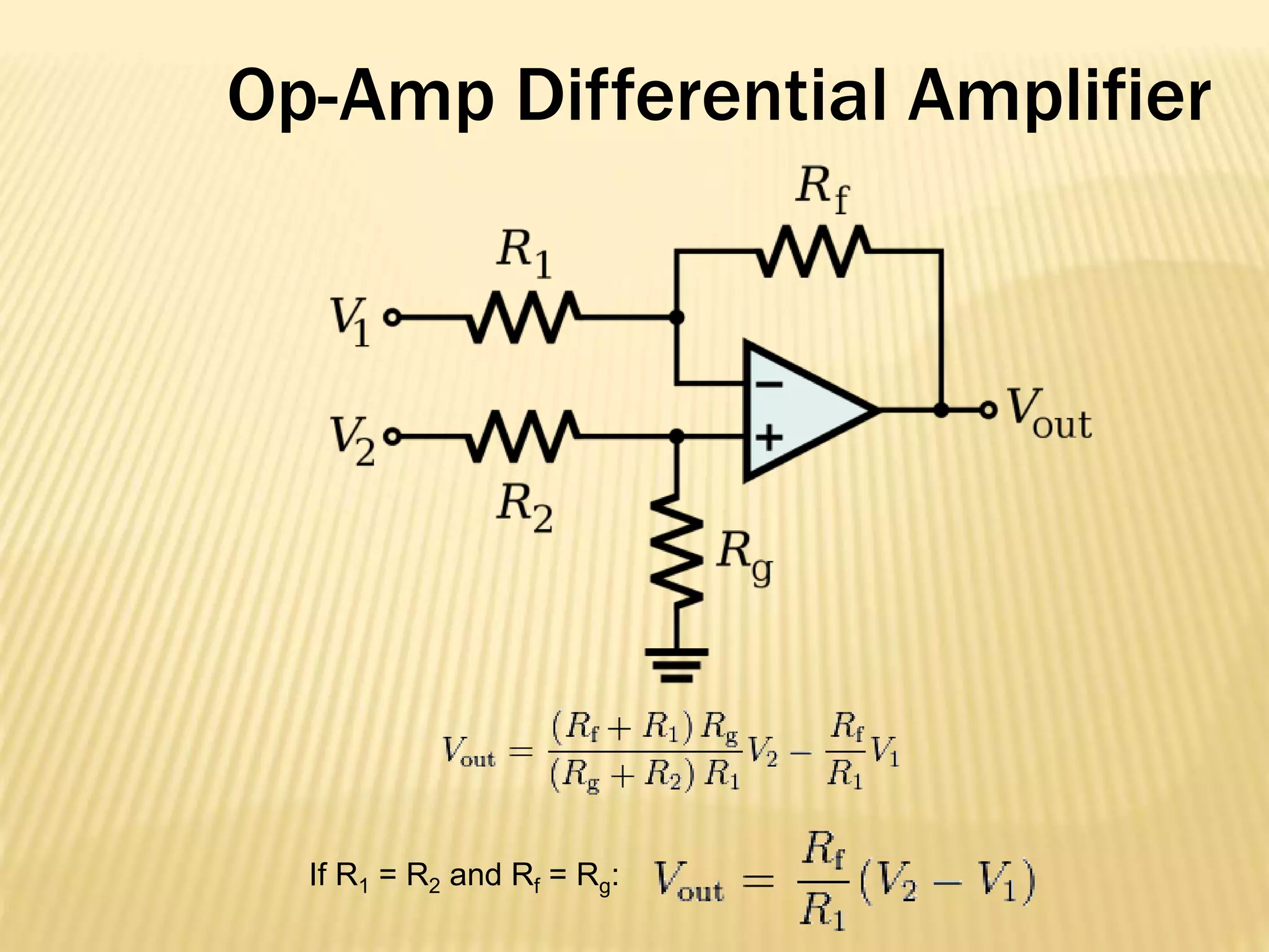 Op-Amp Differential Amplifier
If R1 = R2 and Rf = Rg:
 