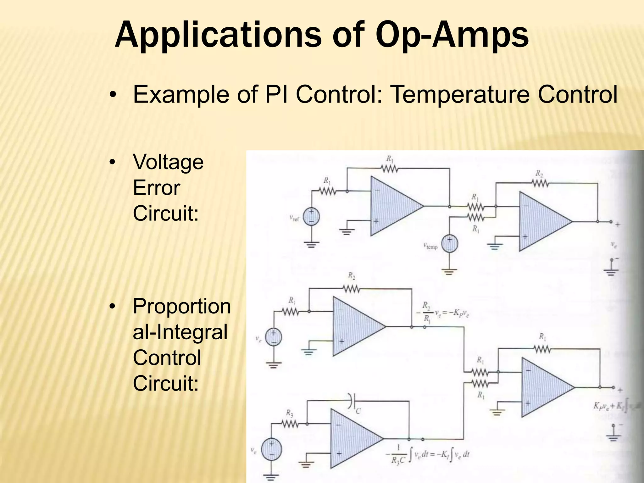 Applications of Op-Amps
• Voltage
Error
Circuit:
• Proportion
al-Integral
Control
Circuit:
• Example of PI Control: Temperature Control
 
