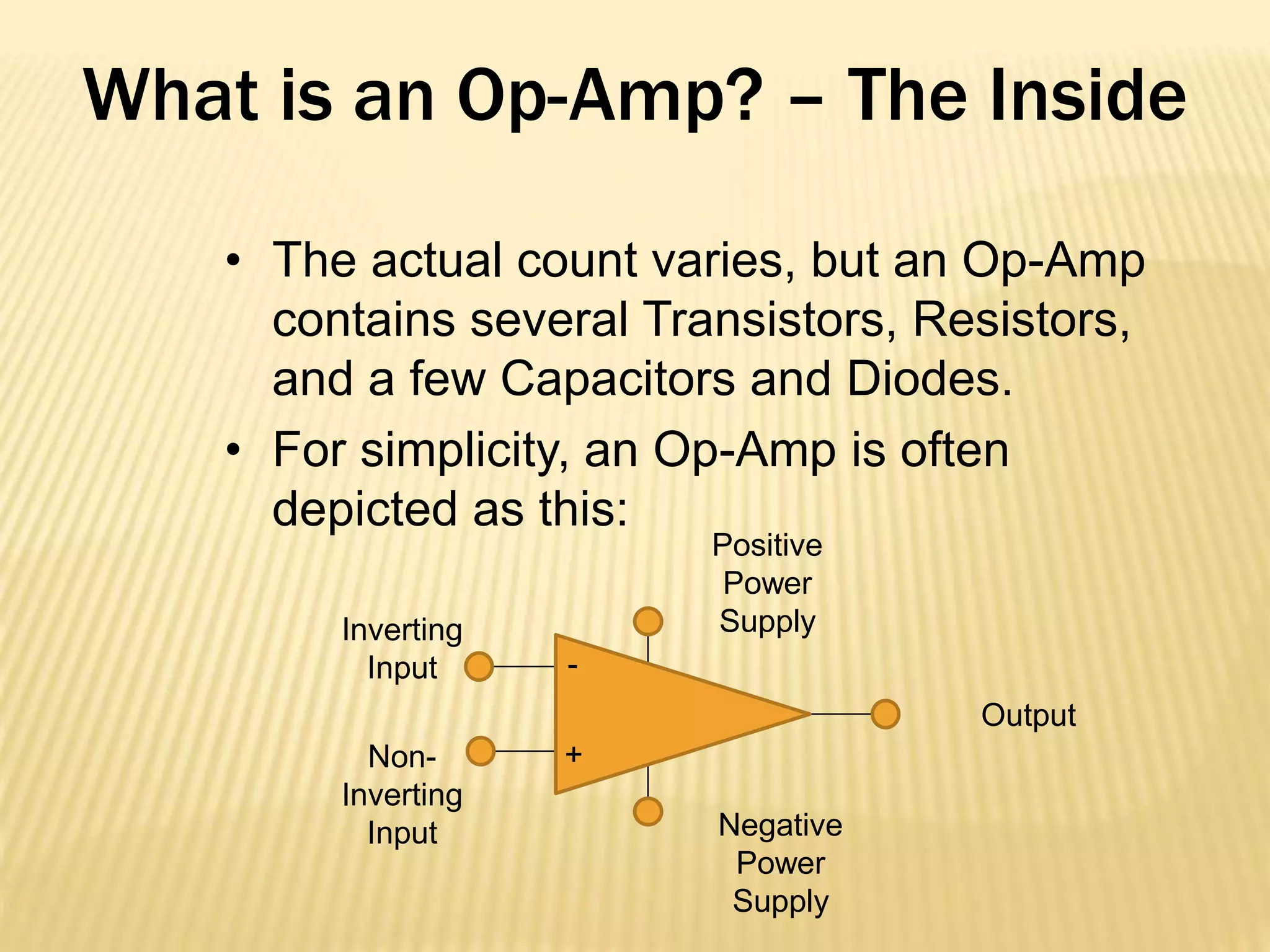 What is an Op-Amp? – The Inside
• The actual count varies, but an Op-Amp
contains several Transistors, Resistors,
and a few Capacitors and Diodes.
• For simplicity, an Op-Amp is often
depicted as this:
Non-
Inverting
Input
Inverting
Input
Positive
Power
Supply
Negative
Power
Supply
Output
-
+
 
