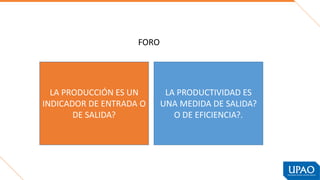 LA PRODUCCIÓN ES UN
INDICADOR DE ENTRADA O
DE SALIDA?
LA PRODUCTIVIDAD ES
UNA MEDIDA DE SALIDA?
O DE EFICIENCIA?.
FORO
 