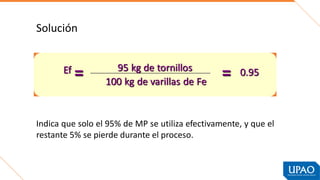Indica que solo el 95% de MP se utiliza efectivamente, y que el
restante 5% se pierde durante el proceso.
Solución
 