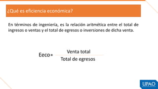¿Qué es eficiencia económica?
En términos de ingeniería, es la relación aritmética entre el total de
ingresos o ventas y el total de egresos o inversiones de dicha venta.
Eeco=
Venta total
Total de egresos
 