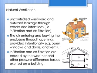Natural Ventilation
 uncontrolled windward and
outward leakage through
cracks and interstices (i.e.
infiltration and ex-filtration).
 The air entering and leaving the
enclosure through openings
provided intentionally e.g. open
windows and doors, and vents.
 Infiltration and ex-filtration are
caused by the weather and
other pressure-difference forces
exerted on a building.
 