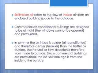  Exfiltration Air refers to the flow of indoor air from an
enclosed building space to the outdoors.
 Commercial air-conditioned buildings are designed
to be air-tight (the windows cannot be opened)
and pressurized.
 In summer the air inside is colder (air-conditioned)
and therefore denser (heavier) than the hotter air
outside. The natural air flow direction is therefore
from inside to outside. Since commercial buildings
are pressurized, the air flow leakage is from the
inside to the outside.
 