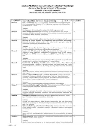 6 | P a g e
Maulana Abul Kalam Azad University of Technology, West Bengal
(Formerly West Bengal University of Technology)
Syllabus for B. Tech in Civil Engineering
(Applicable from the academic session 2018-2019)
CE(HS)302 Introduction to Civil Engineering 1L + 1T= 2 Credits
Module 1 Basic Understanding: What is Civil Engineering/ Infrastructure? Basics of Engineering and
Civil Engineering; Broad disciplines of Civil Engineering; Importance of Civil Engineering,
Possible scopes for a career
Tutorials
Develop a matrix of various disciplines and possibleroles for engineers in each
1 L
Module 2 History of Civil engineering: Early constructions and developments over time; Ancient
monuments & Modern marvels; Development of various materials of construction and methods
of construction; Works of Eminent civil engineers
Tutorials
Identify 10 ancient monuments and ten modern marvels and list the uniqueness of each
1 L
Module 3 Overview of National Planning for Construction and Infrastructure Development;
Positionof construction industry vis-à-vis other industries, five year plan outlays for
construction; currentbudgets for infrastructure works
Tutorials
Develop a Strategic Plan for Civil Engineering worksfor next ten years based on past
investments andidentify one typical on-going mega project in eacharea
1 L
Module 4 Fundamentals of Architecture & Town Planning: Aesthetics in Civil Engineering,
Examples of great architecture, fundamentals of architectural design & town planning;
BuildingSystems (HVAC, Acoustics, Lighting, etc.); LEED ratings; Development of Smart
cities
Tutorials
Identify ten best civil engineering projects with highaesthetic appeal with one possible factor
for each; Listdown the possible systems required for a typical SmartCity
1 L
Module 5 Fundamentals of Building Materials: Stones, bricks, mortars, Plain, Reinforced
&PrestressedConcrete, Construction Chemicals; Structural Steel, High Tensile Steel, Carbon
Composites;Plastics in Construction; 3D printing; Recycling of Construction & Demolition
wastes
Tutorials
Identify three top new materials and their potential inconstruction; Visit a Concrete Lab and
make a report
2 L
Module 6 Basics of Construction Management & Contracts Management: Temporary Structures in
Construction; Construction Methods for various types of Structures; Major Construction
equipment; Automation & Robotics in Construction; Modern Project management Systems;
Advent of Lean Construction; Importance of Contracts Management
Tutorials
Identify 5 typical construction methods and list theiradvantages/ positive features
2 L
Module 7 Environmental Engineering & Sustainability: Water treatment systems; Effluent treatment
systems; Solid waste management; Sustainability in Construction
Tutorials
Sustainability principles, Sustainable builtenvironment, water treatment systems, and good
practicesof wastewater management. examples of Solid andhazardous waste management, Air
pollution andcontrol
2L
Module 8 Geotechnical Engineering: Basics of soil mechanics, rock mechanics and geology; various
types of foundations; basics of rock mechanics & tunnelling
Tutorials
List top five tunnel projects in India and their features;collect and study geotechnical
investigation report ofany one Metro Rail (underground) project; Visit aconstruction site and
make a site visit report
2 L
Module 9 Hydraulics, Hydrology &Water Resources Engineering: Fundamentals of fluid flow, basics
ofwater supply systems; Underground Structures; Underground Structures Multi-purpose
reservoirprojects
Tutorials
Identify three river interlinking projects and theirfeatures; visit a Hydraulics Lab and make a
report
1 L
Module 10 Ocean Engineering: Basics of Wave and Current Systems; Sediment transport systems; Ports
&Harbours and other marine structures
Tutorials
Identify 5 typical ports in India and list the structuresavailable in them; Visit a related/similar
1 L
 