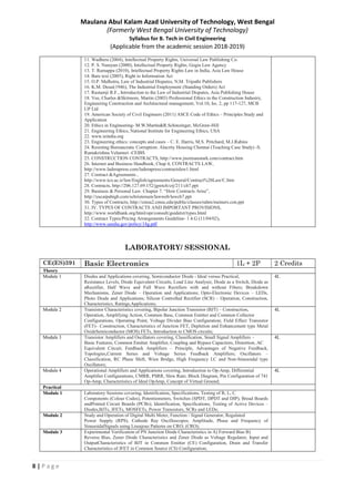 8 | P a g e
Maulana Abul Kalam Azad University of Technology, West Bengal
(Formerly West Bengal University of Technology)
Syllabus for B. Tech in Civil Engineering
(Applicable from the academic session 2018-2019)
11. Wadhera (2004), Intellectual Property Rights, Universal Law Publishing Co.
12. P. S. Narayan (2000), Intellectual Property Rights, Gogia Law Agency
13. T. Ramappa (2010), Intellectual Property Rights Law in India, Asia Law House
14. Bare text (2005), Right to Information Act
15. O.P. Malhotra, Law of Industrial Disputes, N.M. Tripathi Publishers
16. K.M. Desai(1946), The Industrial Employment (Standing Orders) Act
17. Rustamji R.F., Introduction to the Law of Industrial Disputes, Asia Publishing House
18. Vee, Charles &Skitmore, Martin (2003) Professional Ethics in the Construction Industry,
Engineering Construction and Architectural management, Vol.10, Iss. 2, pp 117-127, MCB
UP Ltd
19. American Society of Civil Engineers (2011) ASCE Code of Ethics – Principles Study and
Application
20. Ethics in Engineering- M.W.Martin&R.Schinzinger, McGraw-Hill
21. Engineering Ethics, National Institute for Engineering Ethics, USA
22. www.ieindia.org
23. Engineering ethics: concepts and cases – C. E. Harris, M.S. Pritchard, M.J.Rabins
24. Resisting Bureaucratic Corruption: Alacrity Housing Chennai (Teaching Case Study) -S.
Ramakrishna Velamuri -CEIBS
25. CONSTRUCTION CONTRACTS, http://www.jnormanstark.com/contract.htm
26. Internet and Business Handbook, Chap 4, CONTRACTS LAW,
http://www.laderapress.com/laderapress/contractslaw1.html
27. Contract &Agreements ,
http://www.tco.ac.ir/law/English/agreements/General/Contract%20Law/C.htm
28. Contracts, http://206.127.69.152/jgretch/crj/211/ch7.ppt
29. Business & Personal Law. Chapter 7. “How Contracts Arise”,
http://yucaipahigh.com/schristensen/lawweb/lawch7.ppt
30. Types of Contracts, http://cmsu2.cmsu.edu/public/classes/rahm/meiners.con.ppt
31. IV. TYPES OF CONTRACTS AND IMPORTANT PROVISIONS,
http://www.worldbank.org/html/opr/consult/guidetxt/types.html
32. Contract Types/Pricing Arrangements Guideline- 1.4.G (11/04/02),
http://www.sandia.gov/policy/14g.pdf
LABORATORY/ SESSIONAL
CE(ES)391 Basic Electronics 1L + 2P 2 Credits
Theory
Module 1 Diodes and Applications covering, Semiconductor Diode - Ideal versus Practical,
Resistance Levels, Diode Equivalent Circuits, Load Line Analysis; Diode as a Switch, Diode as
aRectifier, Half Wave and Full Wave Rectifiers with and without Filters; Breakdown
Mechanisms, Zener Diode – Operation and Applications; Opto-Electronic Devices – LEDs,
Photo Diode and Applications; Silicon Controlled Rectifier (SCR) – Operation, Construction,
Characteristics, Ratings,Applications;
4L
Module 2 Transistor Characteristics covering, Bipolar Junction Transistor (BJT) – Construction,
Operation, Amplifying Action, Common Base, Common Emitter and Common Collector
Configurations, Operating Point, Voltage Divider Bias Configuration; Field Effect Transistor
(FET)– Construction, Characteristics of Junction FET, Depletion and Enhancement type Metal
OxideSemiconductor (MOS) FETs, Introduction to CMOS circuits;
4L
Module 3 Transistor Amplifiers and Oscillators covering, Classification, Small Signal Amplifiers –
Basic Features, Common Emitter Amplifier, Coupling and Bypass Capacitors, Distortion, AC
Equivalent Circuit; Feedback Amplifiers – Principle, Advantages of Negative Feedback,
Topologies,Current Series and Voltage Series Feedback Amplifiers; Oscillators –
Classification, RC Phase Shift, Wien Bridge, High Frequency LC and Non-Sinusoidal type
Oscillators;
4L
Module 4 Operational Amplifiers and Applications covering, Introduction to Op-Amp, Differential
Amplifier Configurations, CMRR, PSRR, Slew Rate; Block Diagram, Pin Configuration of 741
Op-Amp, Characteristics of Ideal OpAmp, Concept of Virtual Ground;
4L
Practical
Module 1 Laboratory Sessions covering, Identification, Specifications, Testing of R, L, C
Components (Colour Codes), Potentiometers, Switches (SPDT, DPDT and DIP), Bread Boards
andPrinted Circuit Boards (PCBs); Identification, Specifications, Testing of Active Devices –
Diodes,BJTs, JFETs, MOSFETs, Power Transistors, SCRs and LEDs;
Module 2 Study and Operation of Digital Multi Meter, Function / Signal Generator, Regulated
Power Supply (RPS), Cathode Ray Oscilloscopes; Amplitude, Phase and Frequency of
SinusoidalSignals using Lissajous Patterns on CRO; (CRO);
Module 3 Experimental Verification of PN Junction Diode Characteristics in A) Forward Bias B)
Reverse Bias, Zener Diode Characteristics and Zener Diode as Voltage Regulator, Input and
OutputCharacteristics of BJT in Common Emitter (CE) Configuration, Drain and Transfer
Characteristics of JFET in Common Source (CS) Configuration;
 
