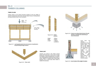 Load from the
columns is
transferred to the pad
footing below. The
load is then spread
out by pad footing
into the ground. Line
of action of the
weight of the
columns coincide
with the centre of
gravity of pad
footings, which
hence results in the
absence of net
moment along it.
TENON JOINT
Columns are joined to the timber ground
beams with tenon joint. A tenon joint is made
by slotting a small protruding part of a timber
into a fitting aperture without any aid of bolt or
screw. Bolted or screwed joints would apply
pressure over a small area which tends to
weaken the structure.
Height : 150mm
Width : 150mm
Length : 1750mm
& 2050mm
06.4 /
TIMBER COLUMNS
TIMBER COLUMN
Timber column is the vertical structure member of the bus shelter to
transmit compressive load of the roof and lateral forces of ceiling beams
and ground beams down to the foundation
Weight from
ceiling
structure itself
Forces exerted
by wind from
all direction
Figure 6.4.1.
Figure 6.4.2.
Figure 6.4.3.
Figure 6.4.4.
Figure 6.4.5. Line of action of the weight of column
 