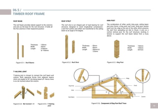 KING POST
The combination of rafter, purlin, king post, ceiling beam
and strut forms a king post roof truss. King post receive
load from the ridge at the end of the rafter which prevents
the wall from spreading out due to thrust. It acts as a
central vertical post for the roof structure, working in
tension to support the roof beam below from a truss
above.
06.5 /
TIMBER ROOF FRAME
Thickness : 50mm
Width : 50mm
Length : 390mm &
725mm
Thickness : 100mm
Width : 100mm
Length : 547mm
ROOF BEAM
The roof beam provides lateral support to the columns
and acts as the base for the roof structure. It holds all
the five columns in their respective position
T-HALVING JOINT
T-halving joint is chosen to connect the roof beam and
column. Both opposing forces from adjacent beams
which are angled at 90° are being eased off. Hence, there
is no net moment about the column.
Thickness : 150mm
Width : 50mm
Length : 3700mm
& 1700mm
Figure 6.5.4.
ROOF STRUT
The roof strut is an integral part of load bearing for roof
structure, designed to resist longitudinal compression.
Load from purlins and rafters are transferred to the ceiling
beam at an angle of 45 degree.
Figure 6.5.6. Component of King Post Roof Truss
Figure 6.5.2. Figure 6.5.3.Figure 6.5.1.
45°30°
Figure 6.5.5.
Roof Beam
Strut
King Post
Column
Ridge
Purlin
 