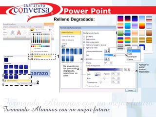 Resultados, No Excusas, Termina todo lo que Empiezas, Trabajo en EquipoResultados, No Excusas, Termina todo lo que Empiezas, Trabajo en Equipo
Power Point
Relleno Degradado:
1
2
Agregar oAgregar o
quitarquitar
puntospuntos
degradadodegradado
De acuerdo conDe acuerdo con
los puntos delos puntos de
degradado,degradado,
seleccionar unseleccionar un
colorcolor
 