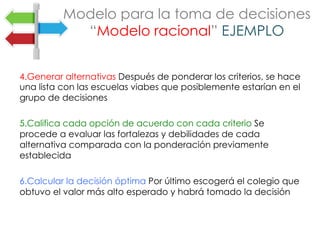 4.Generar alternativas Después de ponderar los criterios, se hace
una lista con las escuelas viabes que posiblemente estarían en el
grupo de decisiones
5.Califica cada opción de acuerdo con cada criterio Se
procede a evaluar las fortalezas y debilidades de cada
alternativa comparada con la ponderación previamente
establecida
6.Calcular la decisión óptima Por último escogerá el colegio que
obtuvo el valor más alto esperado y habrá tomado la decisión
Modelo para la toma de decisiones
“Modelo racional” EJEMPLO
 