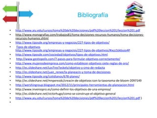 Bibliografía
•  http://www.aiu.edu/cursos/toma%20de%20decisiones/pdf%20leccion%201/leccion%201.pdf		
•  http://www.monografias.com/trabajos81/toma-decisiones-recursos-humanos/toma-decisiones-
recursos-humanos.shtml	
•  http://www.tiposde.org/empresas-y-negocios/227-tipos-de-objetivos/	
•  	Tipos	de	objetivos	
http://www.tiposde.org/empresas-y-negocios/227-tipos-de-objetivos/#ixzz3zk6soo4P		
•  http://www.tiposde.com/sociedad/objetivos/tipos-de-objetivos.html	
•  	http://www.gestiopolis.com/7-pasos-para-formular-objetivos-correctamente/	
•  http://www.mujeresdeempresa.com/como-establecer-objetivos-siete-reglas-de-oro/	
•  http://es.slideshare.net/LosTresTeckels/objetivo-y-cmo-de-redacta	
•  http://es.slideshare.net/juan_renee/la-planeacin-y-toma-de-decisiones	
•  http://www.tiposde.org/cotidianos/678-planes/	
•  http://es.slideshare.net/mnperezdc/creacin-de-objetivos-con-la-taxonoma-de-bloom-2097149	
•  http://wershingroup.blogspot.mx/2012/11/principales-herramientas-de-planeacion.html		
•  http://www.inveniopro.es/como-definir-los-objetivos-de-una-empresa/	
•  http://es.slideshare.net/victorhugo/como-se-construye-el-objetivo-general	
•  http://www.aiu.edu/cursos/toma%20de%20decisiones/pdf%20leccion%201/leccion%201.pdf	)	
•  		
 
