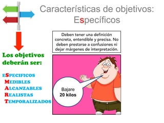 Características de objetivos:
Específicos
Bajare
20 kilos
Deben tener una definición
concreta, entendible y precisa. No
deben prestarse a confusiones ni
dejar márgenes de interpretación.
Los objetivos
deberán ser:
ESPECIFICOS
MEDIBLES
ALCANZABLES
REALISTAS
TEMPORALIZADOS
 