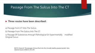Passage From The Sulcus Into The CT
 Three routes have been described:
a) Passage Form CT Into The Sulcus
b) Passage From The Sulcus Into The CT
c) Passage Of Substances through Pathological Or Experimentally modified
Gingival Sucus
Brill N, Krasse B. The passage of tissue fluid into the clinically healthy gingival pocket. Acta
Odontol Scand 1958:16: 233–245
 