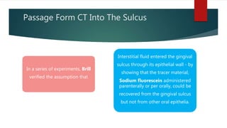 Passage Form CT Into The Sulcus
In a series of experiments, Brill
verified the assumption that
Interstitial fluid entered the gingival
sulcus through its epithelial wall - by
showing that the tracer material,
Sodium fluorescein administered
parenterally or per orally, could be
recovered from the gingival sulcus
but not from other oral epithelia.
 