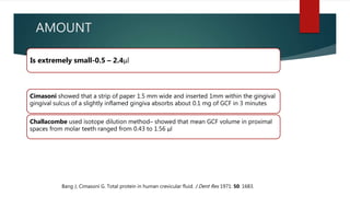 AMOUNT
Is extremely small-0.5 – 2.4μl
Cimasoni showed that a strip of paper 1.5 mm wide and inserted 1mm within the gingival
gingival sulcus of a slightly inflamed gingiva absorbs about 0.1 mg of GCF in 3 minutes
Challacombe used isotope dilution method– showed that mean GCF volume in proximal
spaces from molar teeth ranged from 0.43 to 1.56 μl
Bang J, Cimasoni G. Total protein in human crevicular fluid. J Dent Res 1971: 50: 1683.
 