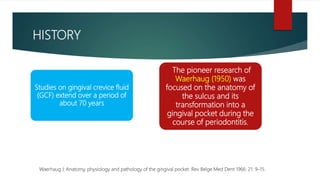 HISTORY
Studies on gingival crevice fluid
(GCF) extend over a period of
about 70 years
The pioneer research of
Waerhaug (1950) was
focused on the anatomy of
the sulcus and its
transformation into a
gingival pocket during the
course of periodontitis.
Waerhaug J. Anatomy, physiology and pathology of the gingival pocket. Rev Belge Med Dent 1966: 21: 9–15.
 