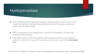 Myeloperoxidase
 The myeloperoxidase hydrogen peroxide-chloride system, which is part of the
innate host defence mediated by polymorphonuclear leukocytes, possesses
potent antimicrobial activity
 MPO is produced in the phagosome in excess concentrations of those that
mediate bacterial killing.
 High MPO levels in GCF from patients with progressive chronic periodontitis,
and their reduction in response to treatment have been reported by Hernandez
et al
Smith QT, Hinrichs JE, Melnyk RS. Gingival crevicular fluid myeloperoxidase at periodontitis sites. J Periodontal Res.1986;21
 