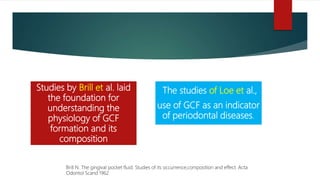 Studies by Brill et al. laid
the foundation for
understanding the
physiology of GCF
formation and its
composition
The studies of Loe et al.,
use of GCF as an indicator
of periodontal diseases.
Brill N. The gingival pocket fluid. Studies of its occurrence,composition and effect. Acta
Odontol Scand 1962
 