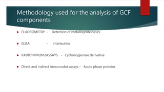 Methodology used for the analysis of GCF
components
 FLUOROMETRY - Detection of metalloproteinases
 ELISA - Interleukins
 RADIOIMMUNOASSAYS - Cyclooxygenase derivative
 Direct and indirect immunodot assays - Acute phase proteins
 