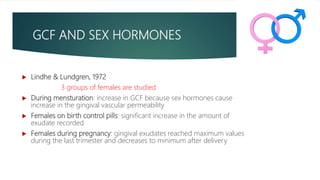 GCF AND SEX HORMONES
 Lindhe & Lundgren, 1972
3 groups of females are studied
 During mensturation: increase in GCF because sex hormones cause
increase in the gingival vascular permeability
 Females on birth control pills: significant increase in the amount of
exudate recorded
 Females during pregnancy: gingival exudates reached maximum values
during the last trimester and decreases to minimum after delivery
 