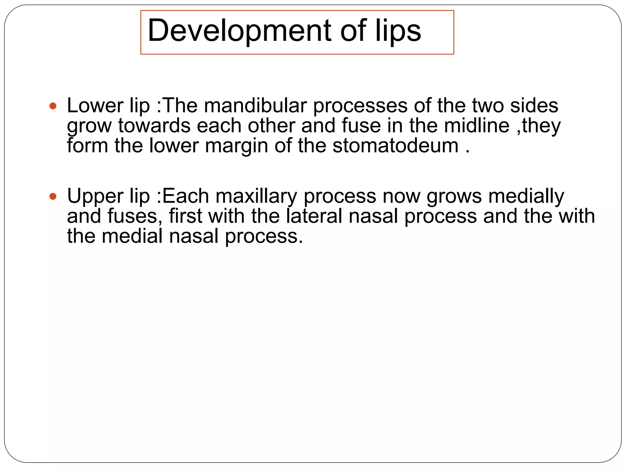 Development of lips
 Lower lip :The mandibular processes of the two sides
grow towards each other and fuse in the midline ,they
form the lower margin of the stomatodeum .
 Upper lip :Each maxillary process now grows medially
and fuses, first with the lateral nasal process and the with
the medial nasal process.
 