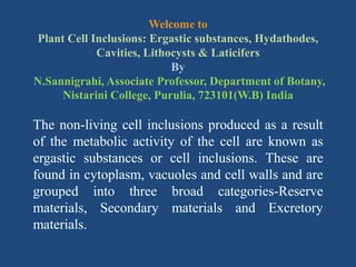 Welcome to
Plant Cell Inclusions: Ergastic substances, Hydathodes,
Cavities, Lithocysts & Laticifers
By
N.Sannigrahi, Associate Professor, Department of Botany,
Nistarini College, Purulia, 723101(W.B) India
The non-living cell inclusions produced as a result
of the metabolic activity of the cell are known as
ergastic substances or cell inclusions. These are
found in cytoplasm, vacuoles and cell walls and are
grouped into three broad categories-Reserve
materials, Secondary materials and Excretory
materials.
 