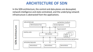 ARCHITECTURE OF SDN
In the SDN architecture, the control and data planes are decoupled,
network intelligence and state centralized, and the underlying network
infrastructure is abstracted from the applications.
 