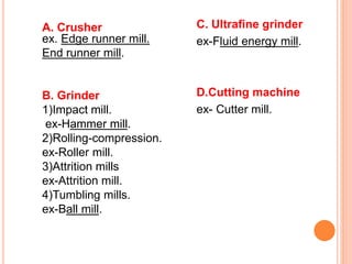 A. Crusher
ex. Edge runner mill.
End runner mill.
B. Grinder
1)Impact mill.
ex-Hammer mill.
2)Rolling-compression.
ex-Roller mill.
3)Attrition mills
ex-Attrition mill.
4)Tumbling mills.
ex-Ball mill.
C. Ultrafine grinder
ex-Fluid energy mill.
D.Cutting machine
ex- Cutter mill.
 
