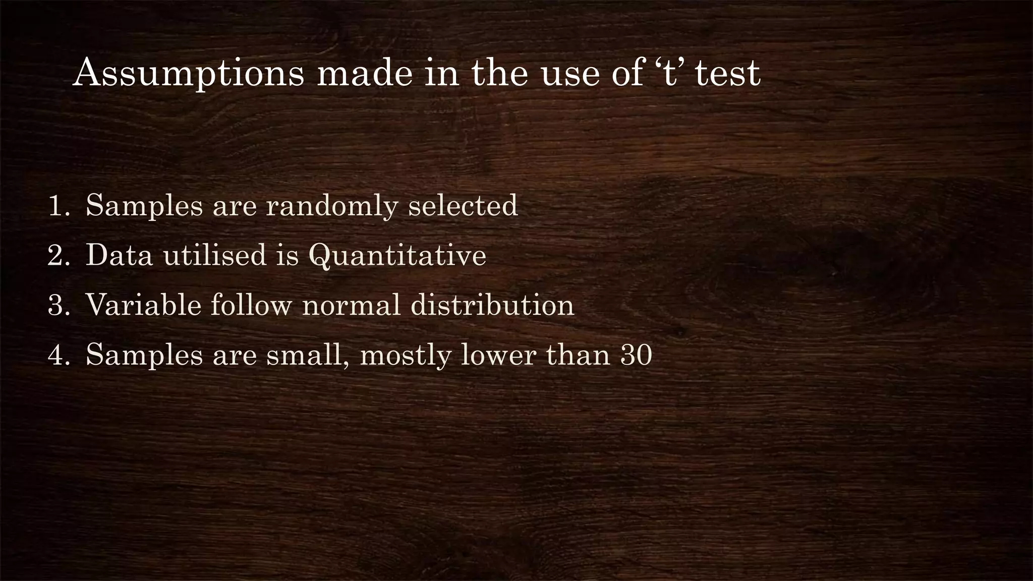 1. Samples are randomly selected
2. Data utilised is Quantitative
3. Variable follow normal distribution
4. Samples are small, mostly lower than 30
Assumptions made in the use of ‘t’ test
 