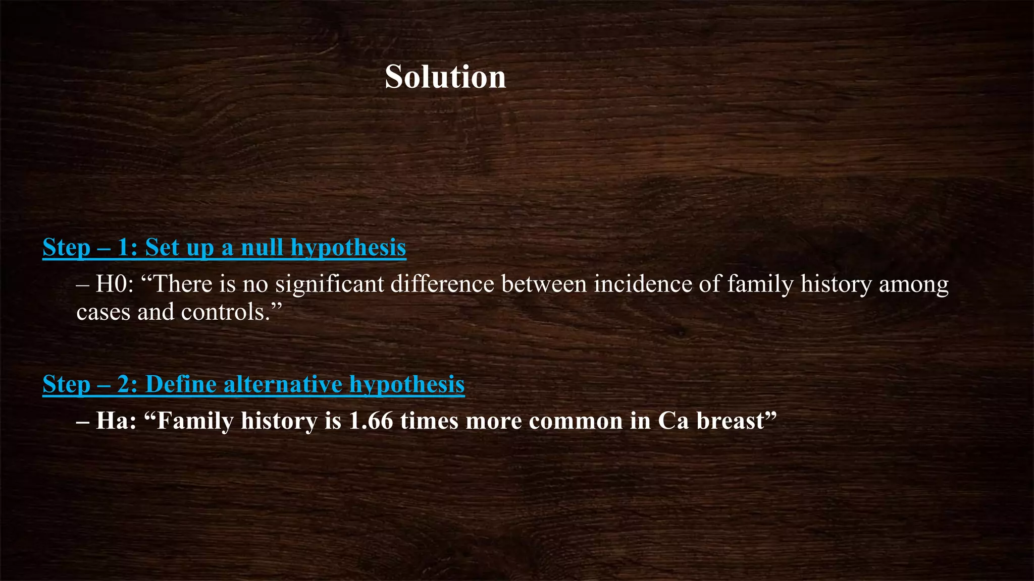 Step – 1: Set up a null hypothesis
– H0: “There is no significant difference between incidence of family history among
cases and controls.”
Step – 2: Define alternative hypothesis
– Ha: “Family history is 1.66 times more common in Ca breast”
Solution
 