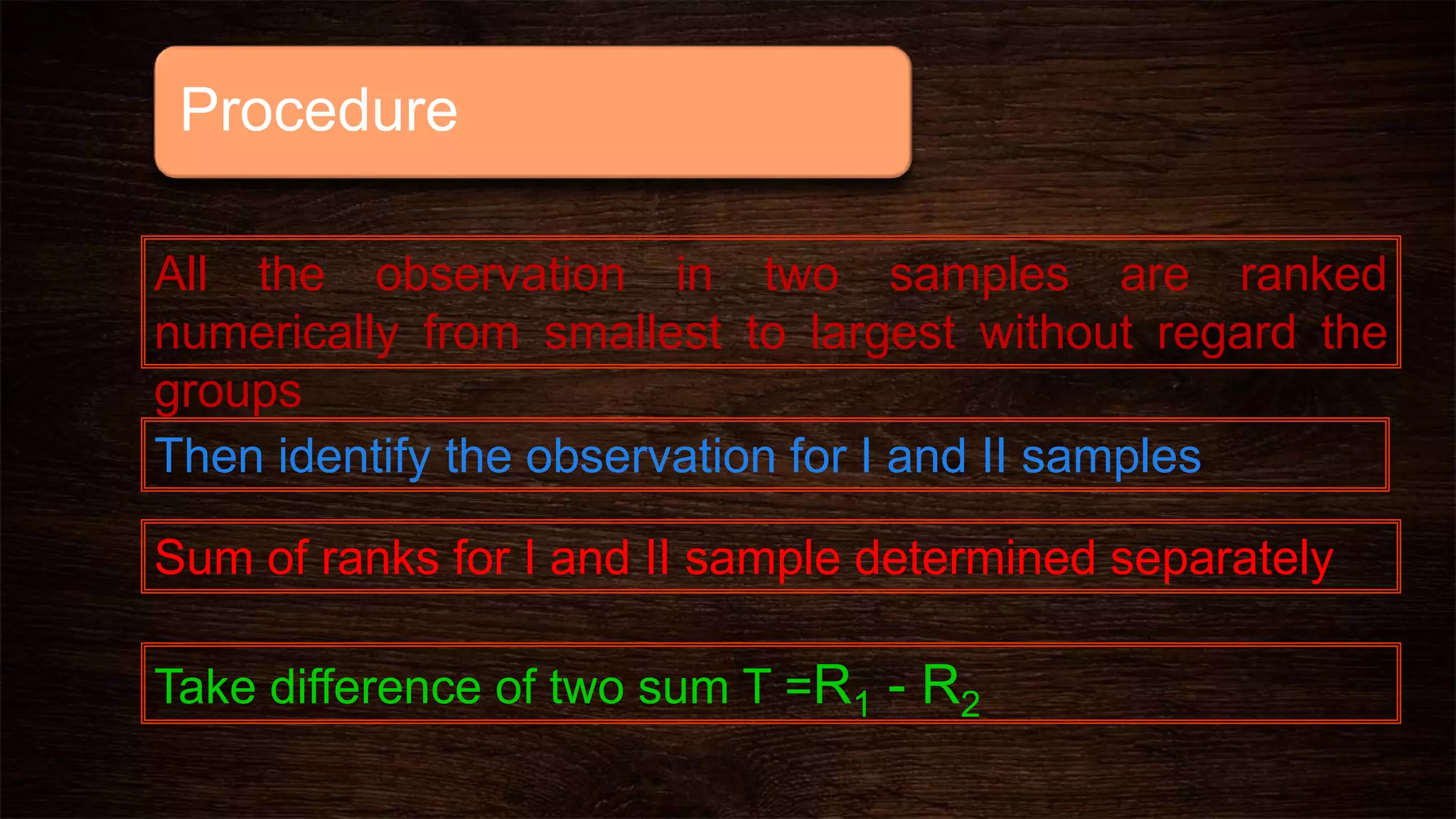 Procedure
All the observation in two samples are ranked
numerically from smallest to largest without regard the
groups
Then identify the observation for I and II samples
Sum of ranks for I and II sample determined separately
Take difference of two sum T =R1 - R2
 