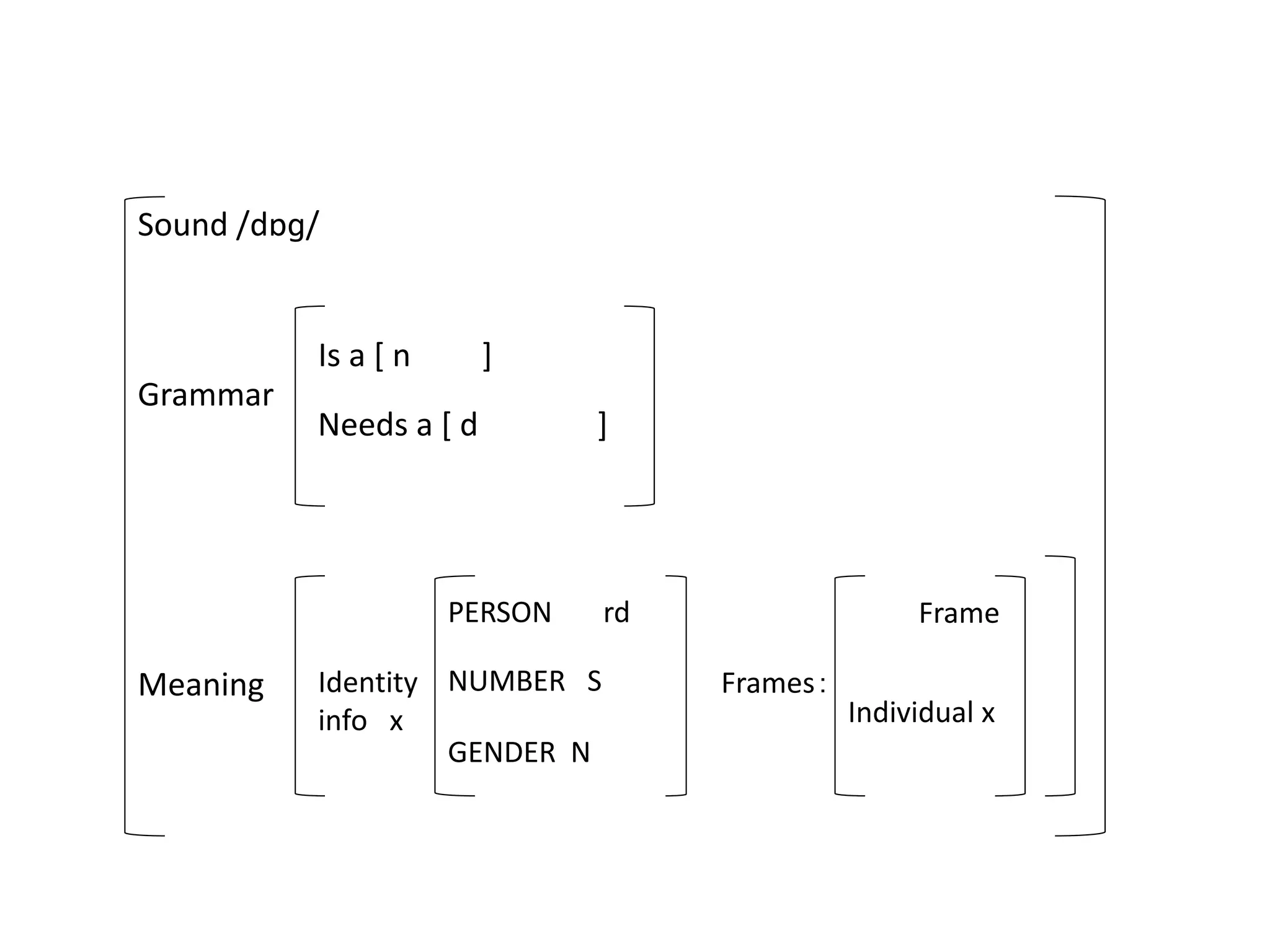 Sound /dɒɡ/
Grammar
Is a [ n ]
Needs a [ d ]
Meaning Identity
info x
PERSON rd
NUMBER S
GENDER N
Frames：
Frame
Individual x
 