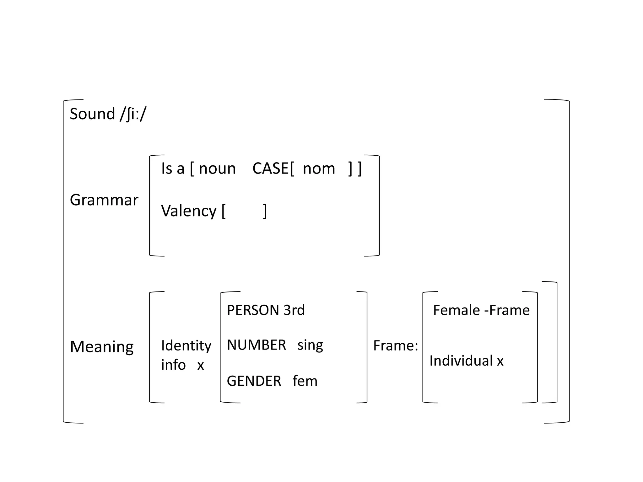 Sound /ʃiː/
Grammar
Is a [ noun CASE[ nom ] ]
Valency [ ]
Meaning Identity
info x
PERSON 3rd
NUMBER sing
GENDER fem
Frame:
Female -Frame
Individual x
 