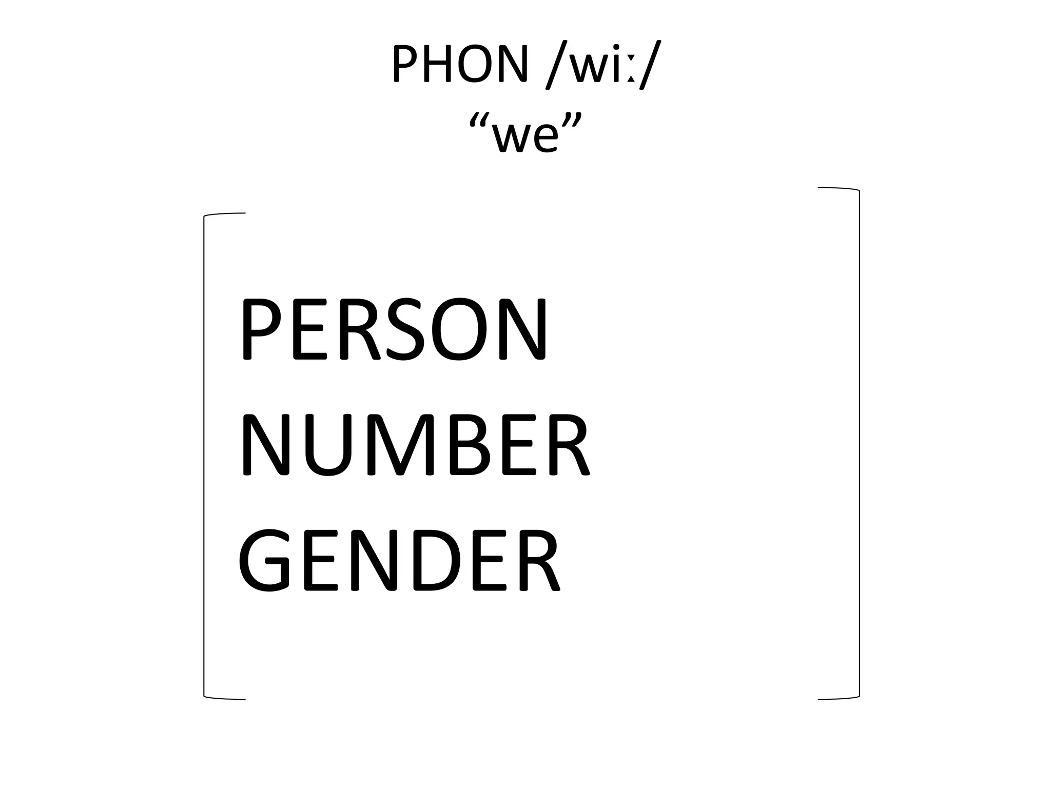PHON /wiː/
“we”
PERSON
NUMBER
GENDER
 