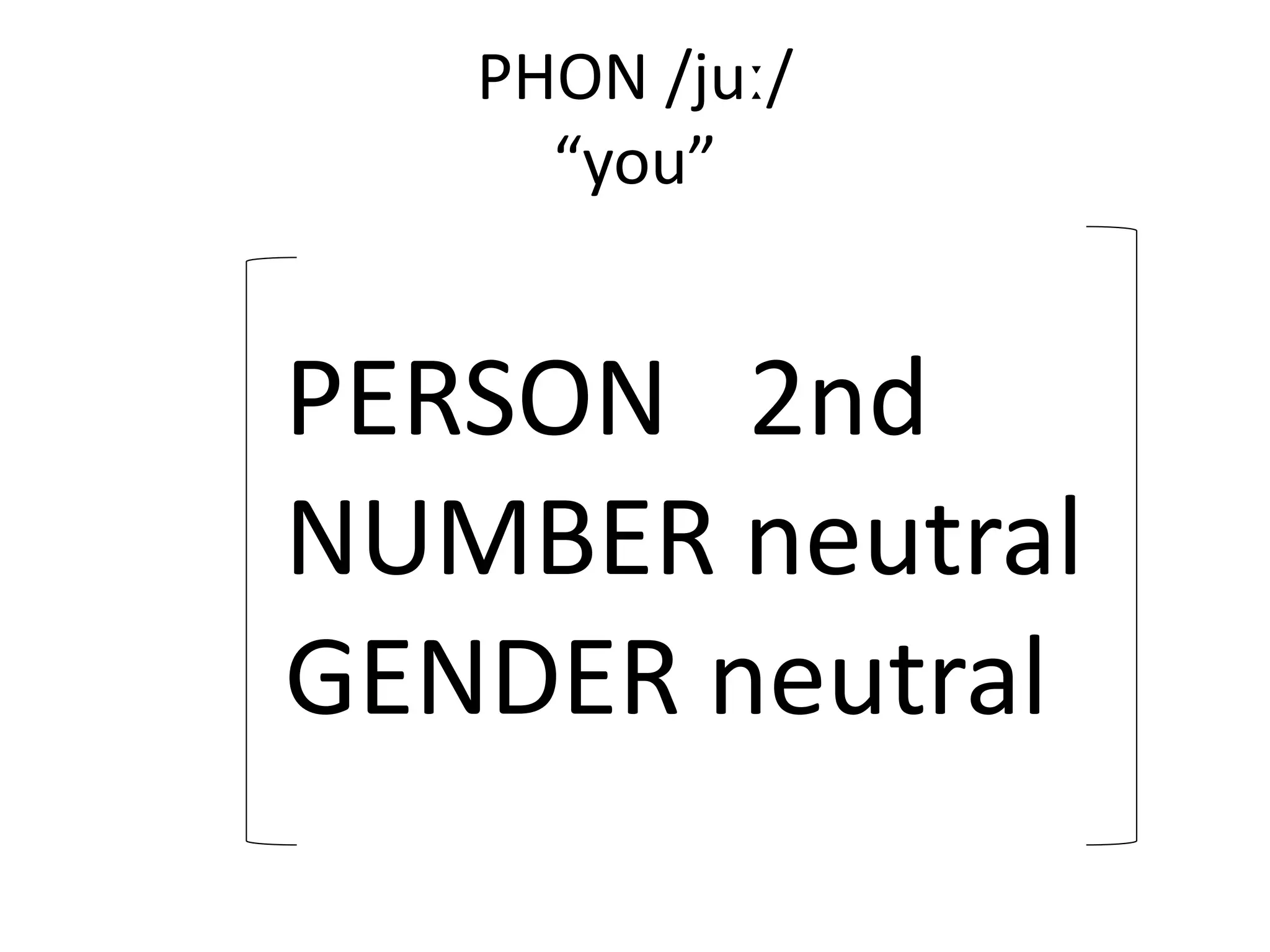 PHON /juː/
“you”
PERSON 2nd
NUMBER neutral
GENDER neutral
 