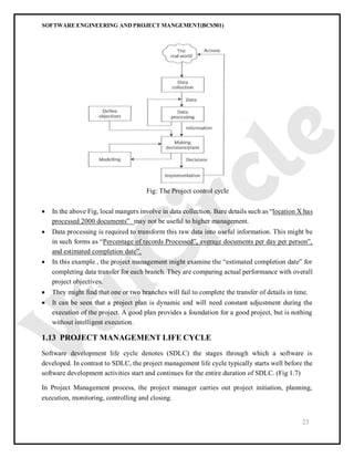 SOFTWARE ENGINEERING AND PROJECT MANGEMENT(BCS501)
23
Fig: The Project control cycle
 In the above Fig, local mangers involve in data collection. Bare details such as “location X has
processed 2000 documents” may not be useful to higher management.
 Data processing is required to transform this raw data into useful information. This might be
in such forms as “Percentage of records Processed”, average documents per day per person”,
and estimated completion date”.
 In this example , the project management might examine the “estimated completion date” for
completing data transfer for each branch. They are comparing actual performance with overall
project objectives.
 They might find that one or two branches will fail to complete the transfer of details in time.
 It can be seen that a project plan is dynamic and will need constant adjustment during the
execution of the project. A good plan provides a foundation for a good project, but is nothing
without intelligent execution.
1.13 PROJECT MANAGEMENT LIFE CYCLE
Software development life cycle denotes (SDLC) the stages through which a software is
developed. In contrast to SDLC, the project management life cycle typically starts well before the
software development activities start and continues for the entire duration of SDLC. (Fig 1.7)
In Project Management process, the project manager carries out project initiation, planning,
execution, monitoring, controlling and closing.
 