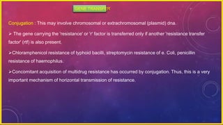 Conjugation : This may involve chromosomal or extrachromosomal (plasmid) dna.
 The gene carrying the 'resistance' or 'r' factor is transferred only if another 'resistance transfer
factor' (rtf) is also present.
Chloramphenicol resistance of typhoid bacilli, streptomycin resistance of e. Coli, penicillin
resistance of haemophilus.
Concomitant acquisition of multidrug resistance has occurred by conjugation. Thus, this is a very
important mechanism of horizontal transmission of resistance.
GENE TRANSFER
 