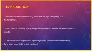 TRANSDUCTION:
It is the transfer of gene carrying resistance through the agency of a
bacteriophage.
The r factor is taken up by the phage and delivered to another bacterium which it
infects.
Certain instances of penicillin, erythromycin and chloramphenicol resistance
have been found to be phage mediated.
 
