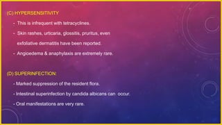 (C) HYPERSENSITIVITY
- This is infrequent with tetracyclines.
- Skin rashes, urticaria, glossitis, pruritus, even
exfoliative dermatitis have been reported.
- Angioedema & anaphylaxis are extremely rare.
(D) SUPERINFECTION:
- Marked suppression of the resident flora.
- Intestinal superinfection by candida albicans can occur.
- Oral manifestations are very rare.
 