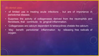 (B) dental uses :
• of limited use in treating acute infections , but are of importance in
periodontal disease.
• Suppress the activity of collagenases derived from the neutrophils and
fibroblasts, that contribute to gingival inflammation.
• Collagenases are calcium dependent & tetracyclines chelate the calcium.
• May benefit periodontal inflammation by releasing free radicals of
oxygen.
 