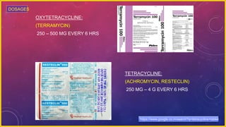 OXYTETRACYCLINE:
(TERRAMYCIN)
250 – 500 MG EVERY 6 HRS
TETRACYCLINE:
(ACHROMYCIN, RESTECLIN)
250 MG – 4 G EVERY 6 HRS
DOSAGES
https://www.google.co.in/search?q=tetracycline+tablet
 