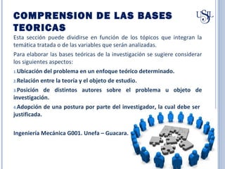 COMPRENSION DE LAS BASES
TEORICAS
Esta sección puede dividirse en función de los tópicos que integran la
temática tratada o de las variables que serán analizadas.
Para elaborar las bases teóricas de la investigación se sugiere considerar
los siguientes aspectos:
1.Ubicación del problema en un enfoque teórico determinado.
2.Relación entre la teoría y el objeto de estudio.
3.Posición de distintos autores sobre el problema u objeto de
investigación.
4.Adopción de una postura por parte del investigador, la cual debe ser
justificada.
Ingeniería Mecánica G001. Unefa – Guacara.
 