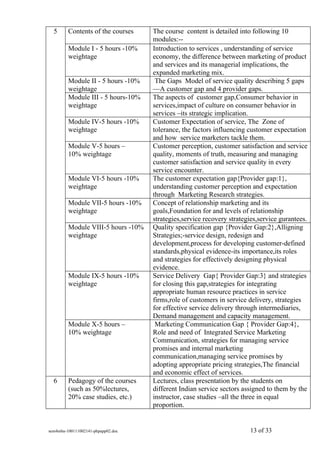 5      Contents of the courses    The course content is detailed into following 10
                                    modules:--
         Module I - 5 hours -10%    Introduction to services , understanding of service
         weightage                  economy, the difference between marketing of product
                                    and services and its managerial implications, the
                                    expanded marketing mix.
         Module II - 5 hours -10%    The Gaps Model of service quality describing 5 gaps
         weightage                  —A customer gap and 4 provider gaps.
         Module III - 5 hours-10%   The aspects of customer gap,Consumer behavior in
         weightage                  services,impact of culture on consumer behavior in
                                    services –its strategic implication.
         Module IV-5 hours -10%     Customer Expectation of service, The Zone of
         weightage                  tolerance, the factors influencing customer expectation
                                    and how service marketers tackle them.
         Module V-5 hours –         Customer perception, customer satisfaction and service
         10% weightage              quality, moments of truth, measuring and managing
                                    customer satisfaction and service quality in every
                                    service encounter.
         Module VI-5 hours -10%     The customer expectation gap{Provider gap:1},
         weightage                  understanding customer perception and expectation
                                    through Marketing Research strategies.
         Module VII-5 hours -10%    Concept of relationship marketing and its
         weightage                  goals,Foundation for and levels of relationship
                                    strategies,service recovery strategies,service gurantees.
         Module VIII-5 hours -10%   Quality specification gap {Provider Gap:2},Alligning
         weightage                  Strategies;-service design, redesign and
                                    development,process for developing customer-defined
                                    standards,physical evidence-its importance,its roles
                                    and strategies for effectively designing physical
                                    evidence.
         Module IX-5 hours -10%     Service Delivery Gap{ Provider Gap:3} and strategies
         weightage                  for closing this gap,strategies for integrating
                                    appropriate human resource practices in service
                                    firms,role of customers in service delivery, strategies
                                    for effective service delivery through intermediaries,
                                    Demand management and capacity management.
         Module X-5 hours –          Marketing Communication Gap { Provider Gap:4},
         10% weightage              Role and need of Integrated Service Marketing
                                    Communication, strategies for managing service
                                    promises and internal marketing
                                    communication,managing service promises by
                                    adopting appropriate pricing strategies,The financial
                                    and economic effect of services.
  6      Pedagogy of the courses    Lectures, class presentation by the students on
         (such as 50%lectures,      different Indian service sectors assigned to them by the
         20% case studies, etc.)    instructor, case studies –all the three in equal
                                    proportion.


sem4mba-100111002141-phpapp02.doc                                      13 of 33
 