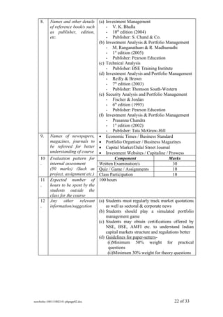8.     Names and other details (a) Investment Management
           of reference book/s such      - V. K. Bhalla
           as publisher, edition,        - 10th edition (2004)
           etc.                          - Publisher: S. Chand & Co.
                                     (b) Investment Analysis & Portfolio Management
                                         - M. Ranganatham & R. Madhumathi
                                         - 1st edition (2005)
                                         - Publisher: Pearson Education
                                     (c) Technical Analysis
                                         - Publisher: BSE Training Institute
                                     (d) Investment Analysis and Portfolio Management
                                         - Reilly & Brown
                                         - 7th edition (2003)
                                         - Publisher: Thomson South-Western
                                     (e) Security Analysis and Portfolio Management
                                         - Fischer & Jordan
                                         - 6th edition (1995)
                                         - Publisher: Pearson Education
                                     (f) Investment Analysis & Portfolio Management
                                         - Prasanna Chandra
                                         - 1st edition (2002)
                                         - Publisher: Tata McGraw-Hill
    9.     Names of newspapers, • Economic Times / Business Standard
           magazines, journals to • Portfolio Organiser / Business Magazines
           be referred for better • Capital Market/Dalal Street Journal
           understanding of course • Investment Websites / Capitaline / Prowess
    10     Evaluation pattern for             Component                     Marks
    .      internal assessment       Written Examination/s                     30
           (50 marks) (Such as Quiz / Game / Assignments                       10
           project, assignment etc.) Class Participation                       10
    11     Expected number of 100 hours
    .      hours to be spent by the
           students outside the
           class for the course
    12     Any other relevant (a) Students must regularly track market quotations
    .      information/suggestion        as well as sectoral & corporate news
                                     (b) Students should play a simulated portfolio
                                         management game
                                     (c) Students may obtain certifications offered by
                                         NSE, BSE, AMFI etc. to understand Indian
                                         capital markets structure and regulations better
                                     (d) Guidelines for paper-setters-
                                          (i)Minimum 50% weight for practical
                                          questions
                                          (ii)Minimum 30% weight for theory questions




sem4mba-100111002141-phpapp02.doc                                             22 of 33
 
