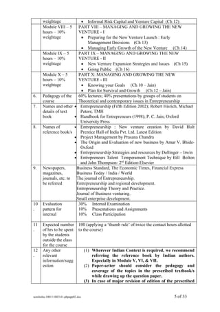weightage                • Informal Risk Capital and Venture Capital (Ch 12)
      Module VIII – 5         PART VIII – MANAGING AND GROWING THE NEW
      hours – 10%             VENTURE - I
      weightage                • Preparing for the New Venture Launch : Early
                                   Management Decisions (Ch 13)
                               • Managing Early Growth of the New Venture (Ch 14)
      Module IX – 5           PART IX – MANAGING AND GROWING THE NEW
      hours – 10%             VENTURE - II
      weightage                • New Venture Expansion Strategies and Issues (Ch 15)
                               • Going Public (Ch 16)
      Module X – 5            PART X: MANAGING AND GROWING THE NEW
      hours – 10%             VENTURE - III
      weightage                • Knowing your Goals (Ch 10 – Jain)
                               • Plan for Survival and Growth (Ch 12 – Jain)
6.    Pedagogy of the         60% lectures; 40% presentations by groups of students on
      course                  Theoretical and contemporary issues in Entrepreneurship
7.    Names and other       • Entrepreneurship (Fifth Edition 2002); Robert Hisrich, Michael
      details of text          Peters; TMH
      book                  • Handbook for Entrepreneurs (1998); P. C. Jain; Oxford
                               University Press
8.    Names of              • Entrepreneurship : New venture creation by David Holt
      reference book/s         Prentice Hall of India Pvt. Ltd. Latest Edition
                            • Project Management by Prasana Chandra
                            • The Origin and Evaluation of new business by Amar V. Bhide-
                               Oxford
                            • Entrepreneurship Strategies and resources by Dollinger – Irwin
                            • Entrepreneurs Talent Temperament Technique by Bill Bolton
                               and John Thompson- 2nd Edition-Elsevier
9.    Newspapers,            Business Standard, The Economic Times, Financial Express
      magazines,             Business Today / India / World
      journals, etc. to      The journal of Entrepreneurship.
      be referred            Entrepreneurship and regional development.
                             Entrepreneurship Theory and Practice.
                             Journal of Business venturing.
                             Small enterprise development.
10    Evaluation              30% Internal Examination
.     pattern for             10% Presentations and Assignments
      internal                10% Class Participation

11    Expected number          100 (applying a ‘thumb rule’ of twice the contact hours allotted
.     of hrs to be spent       to the course)
      by the students
      outside the class
      for the course
12    Any other                     (1) Wherever Indian Context is required, we recommend
.     relevant                          referring the reference book by Indian authors.
      information/sugg                  Especially in Module V, VI, & VII.
      estion                        (2) Paper-setter should consider the pedagogy and
                                        coverage of the topics in the prescribed textbook/s
                                        while drawing up the question paper.
                                    (3) In case of major revision of edition of the prescribed


sem4mba-100111002141-phpapp02.doc                                                    5 of 33
 